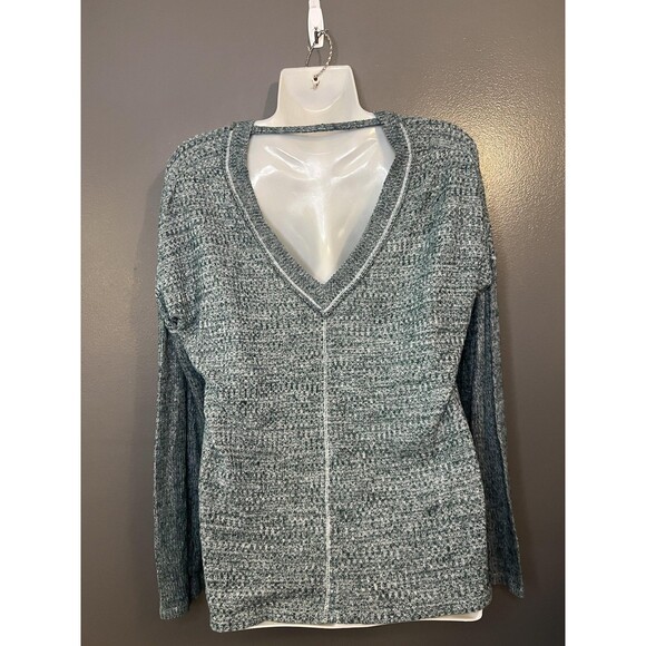 Waffle Knit Sweater Womens Green White V Neck Long Sleeve Drawstring Hem - Picture 5 of 5